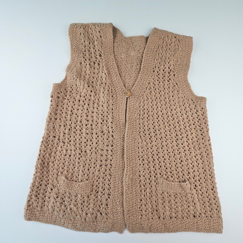 Vintage Handmade Crochet Vest Tan Open Knit Boho 70s Whimsigoth Cottagecore S